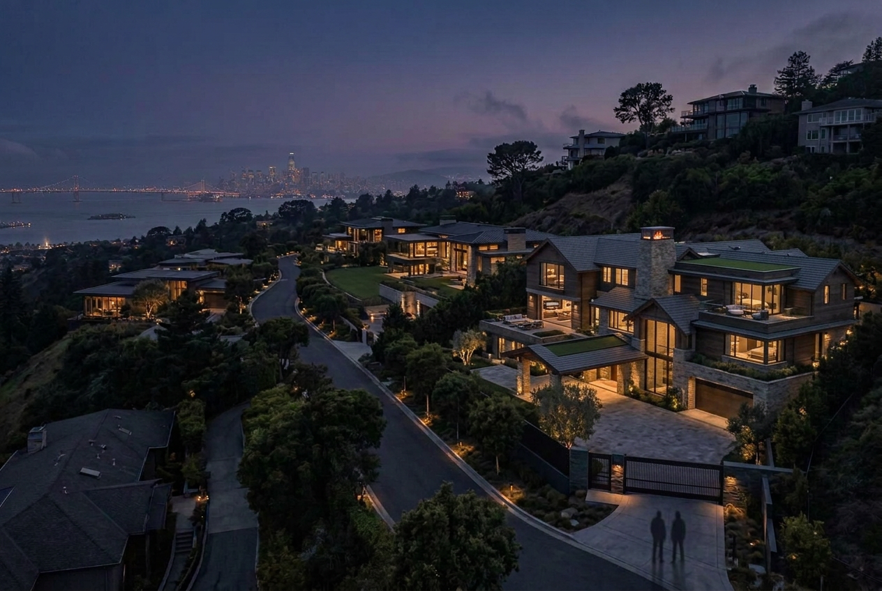 A modern home overlooking the Oakland Hills and San Francisco Bay at twilight